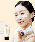 Glutahione Glow Waterfull Sun Cream application on face showing moisturizing sunscreen effect.