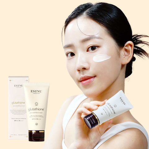 Glutahione Glow Waterfull Sun Cream application on face showing moisturizing sunscreen effect.