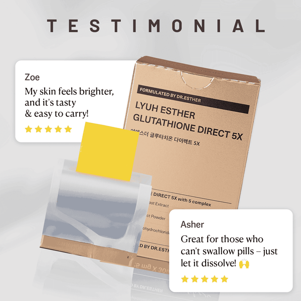 Glutathione Direct 5X packaging with positive testimonials highlighting skin benefits and ease of use.