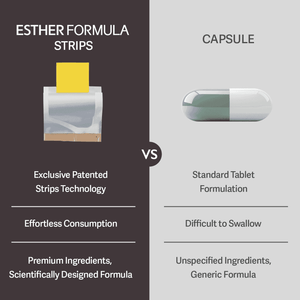 Glutathione Direct film strips versus capsule comparison, highlighting patented strips technology and effortless consumption with premium ingredients.