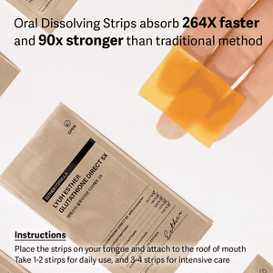 Glutathione Direct 5X dissolving strips for faster absorption and improved effectiveness, shown in hand with packaging.